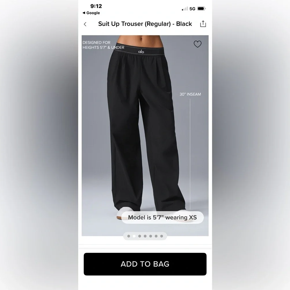 Alo Yoga NWT Suit Up Trouser Regular Lightweight Straight Leg Black Size S